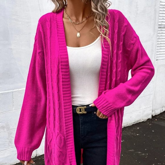 Hot Pink Casual Womens Cable Knit Drop Shoulder Cardigan - Picture 4 of 5